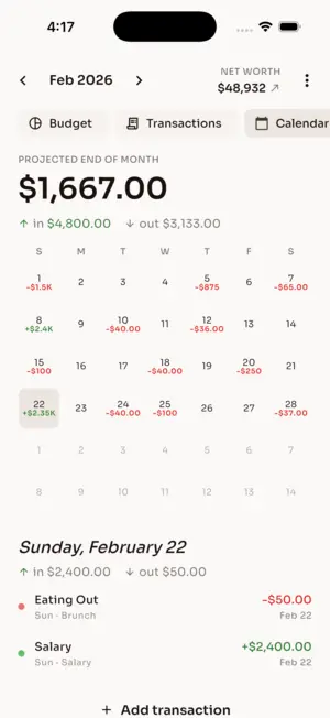 Budget44 Month calendar screen